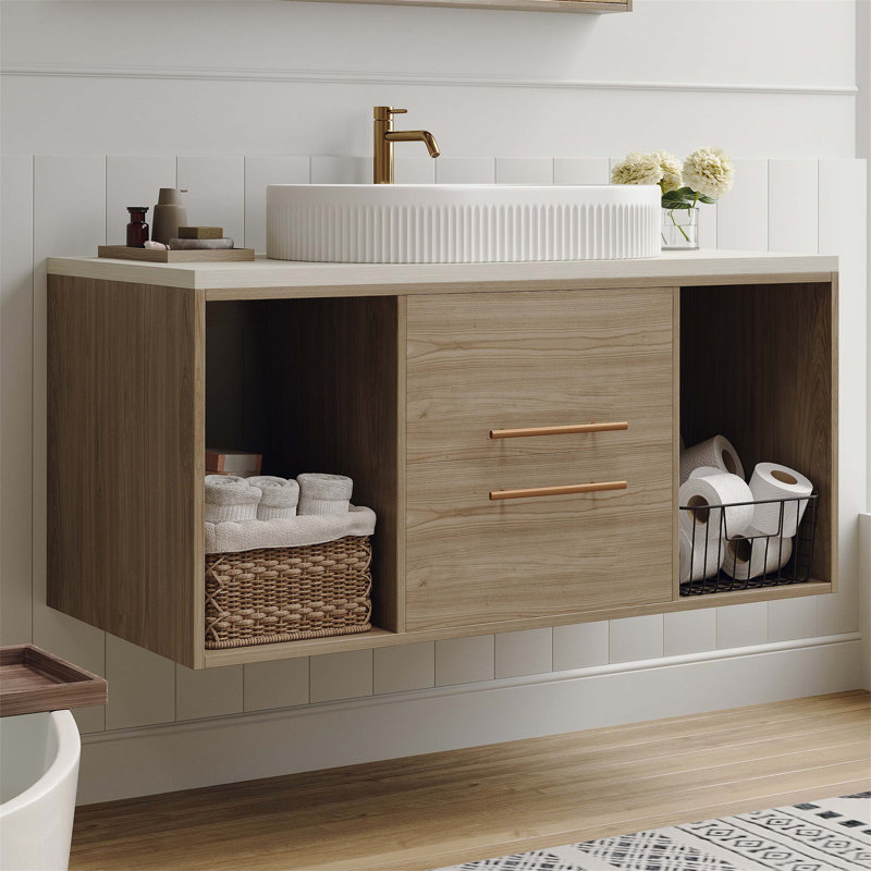 Meuble-lavabo mural avec lavabo ovale en céramique, armoire en bois massif multi-couches, tiroirs à fermeture en douceur et rangement ouvert pour des salles de bain modernes et peu encombrantes
