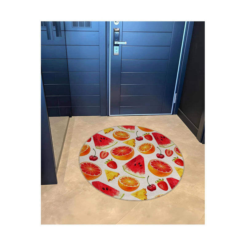 Multicolored Watermelon Cherry And Orange Patterned Round Woven Base Modern Decorative Carpet, Round 5'