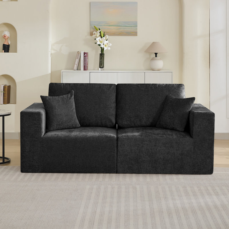 Canapé modulaire rembourré, canapé 2 places avec accoudoirs carrés, sans assemblage requis, 2, Chenille noir