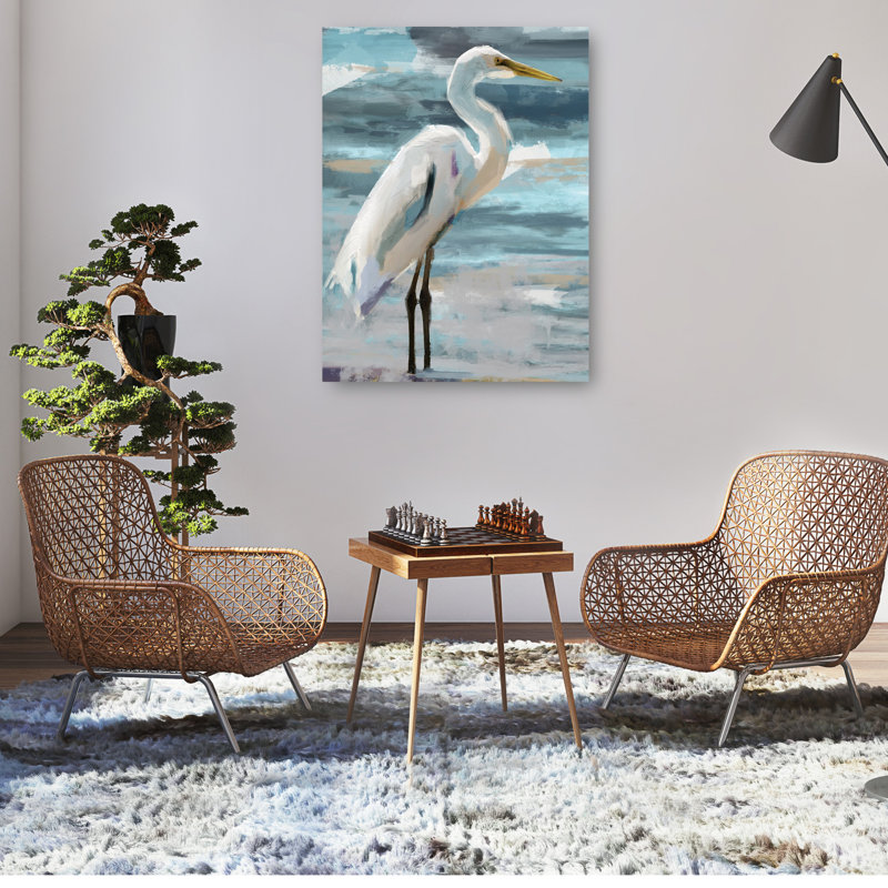 Sunday Egret White and Gray Canvas Art Print 14" x 11"