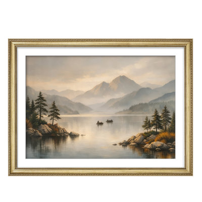 Serene Mountain Lake Landscape with Boats and Pine Trees for Living Room Office Framed Wall Art 26"x36"
