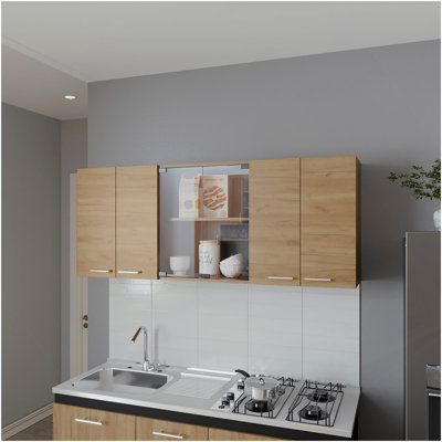 Lydia Wall Cabinet Kitchen In Melamine Wit 4 Doors  And Glass Storage, Natural Oak