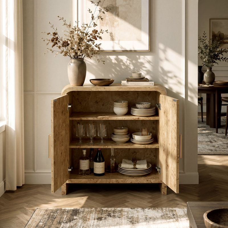Buffet incurvé 2 pièces 33 po, buffet moderne avec 2 portes et 2 tablettes réglables, 35.4" H x 66.8" W x 15.4" D