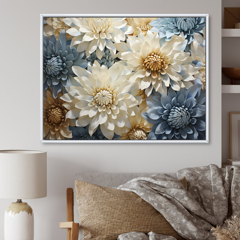 «Chrysanthemums White Blue Mosaic Garden», reproduction sur toile, H 30 po x l 40 po x P 1,5 po, Cadre flottant blanc