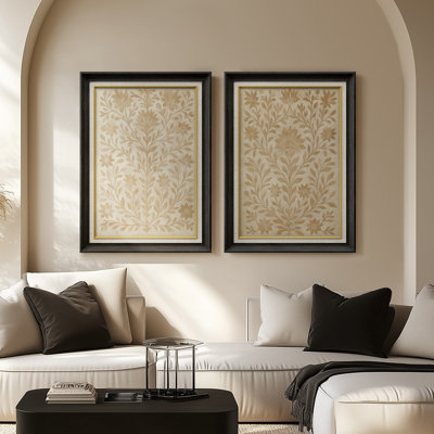 Ornement classique doré à motif floral - ensemble de 2 reproductions d'art encadrées sur papier de qualité supérieure 26 po x 36 po