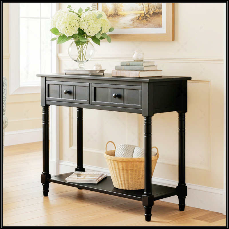 Console Daisy Series avec deux tiroirs et une tablette inférieure, finition noire élégante pour une décoration polyvalente