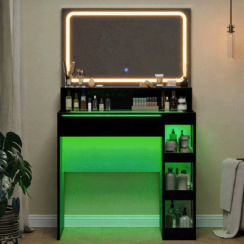 Vanity Desk with Illuminated Mirror & Power Outlet, Bedroom Dresser LED Mirror Stepless Dimmable & 3 Color Modes Adjustable, LED Tempered Glass Top, Large-Capacity Storage Shelving, Black