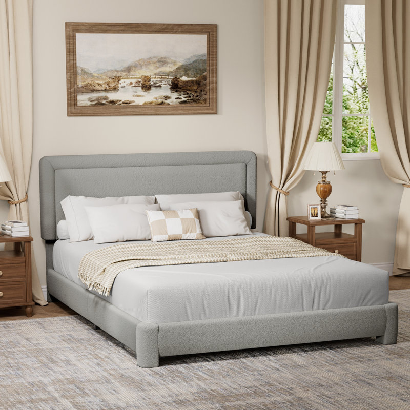 Boucle Bed Frame,Upholstered Bed Frame With Headboard, Surface Cover Soft Cloud Bed Frame Easy Assembly, No Box Spring Required