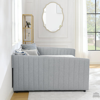 Queen Size Daybed With Two Drawers Trundle Upholstered Sofa Bed, With Vertical Stripes Linen Fabric