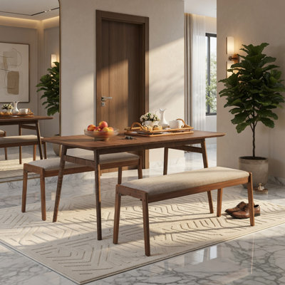 Banc sans dossier de ferme de 45 pouces - Pieds en bois d'hévéa massif, siège rembourré en faux lin beige, capacité de poids de 400 lb, siège de salle à manger ou de vestibule rustique