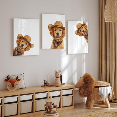 Golden Retriever, ensemble de 3 reproductions d'art sur toile, Western Cowboy Dog