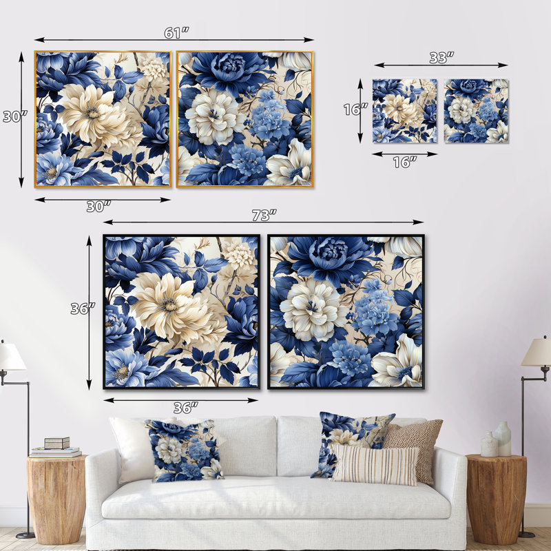 Victorien bleu cobalt feuillage victorien, Cadre flottant brun, H 36 po x l 73 po