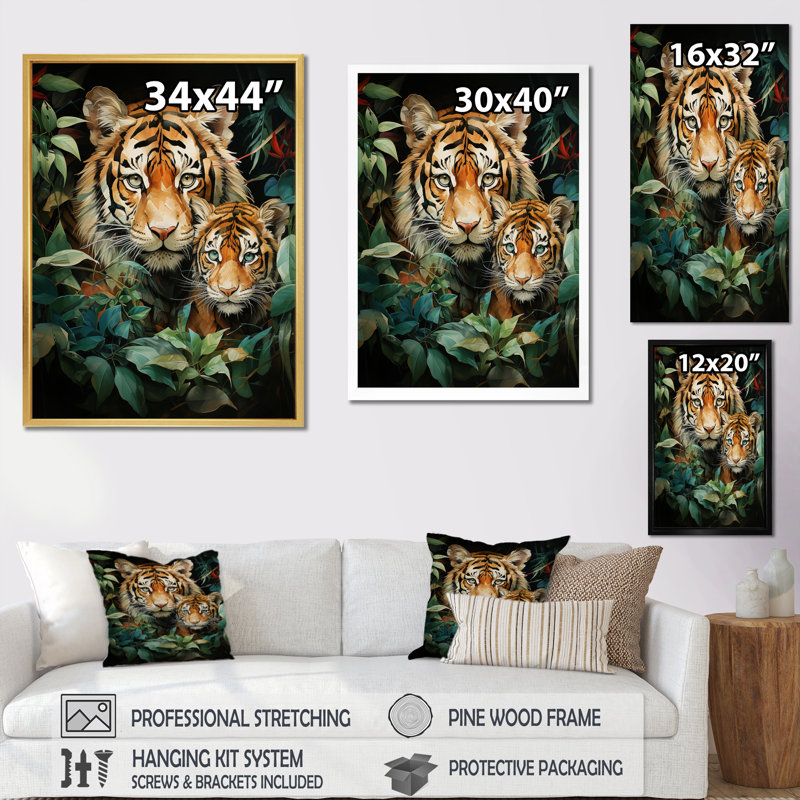 Art asiatique, tigres dans la jungle - impression, H 32 po x l 16 po x P 1 po, Cadre flottant doré