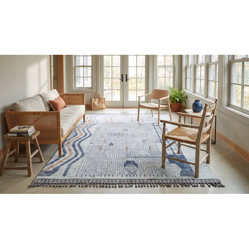 8x11 Ivory Hand-Knotted Wool Linear Maze Motif Tribal Modern Contemporary Carpet Rug