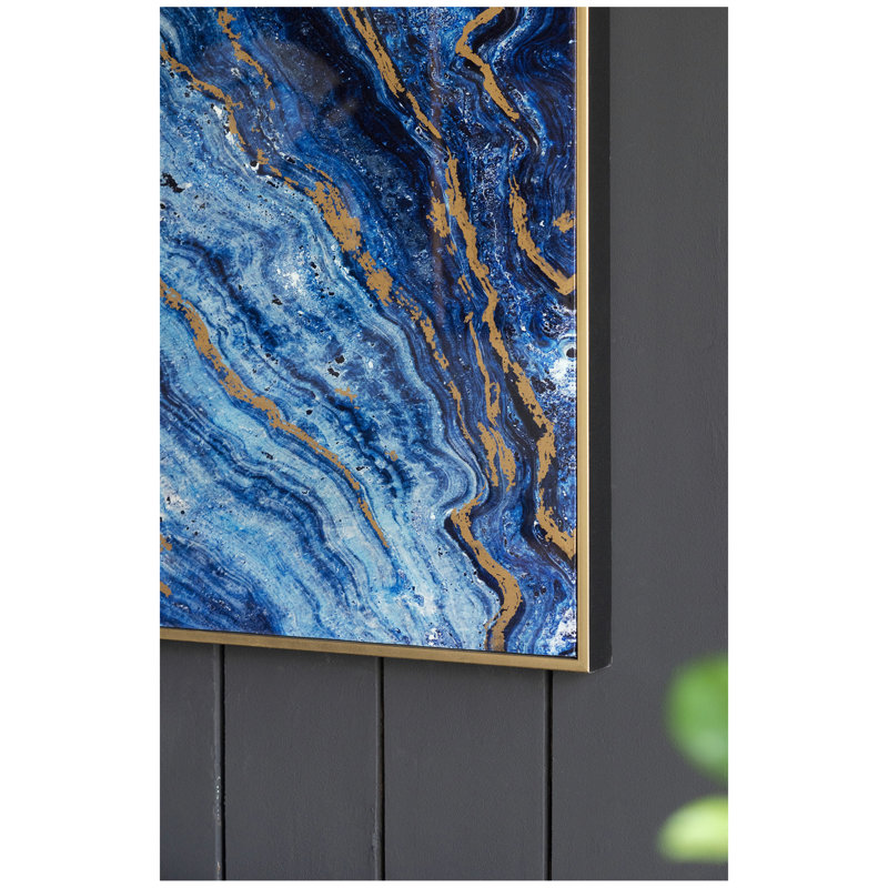 Ensemble de 2 panneaux d'art encadrés bleus et dorés, motif marbré unique, 30,5 po x 40 po