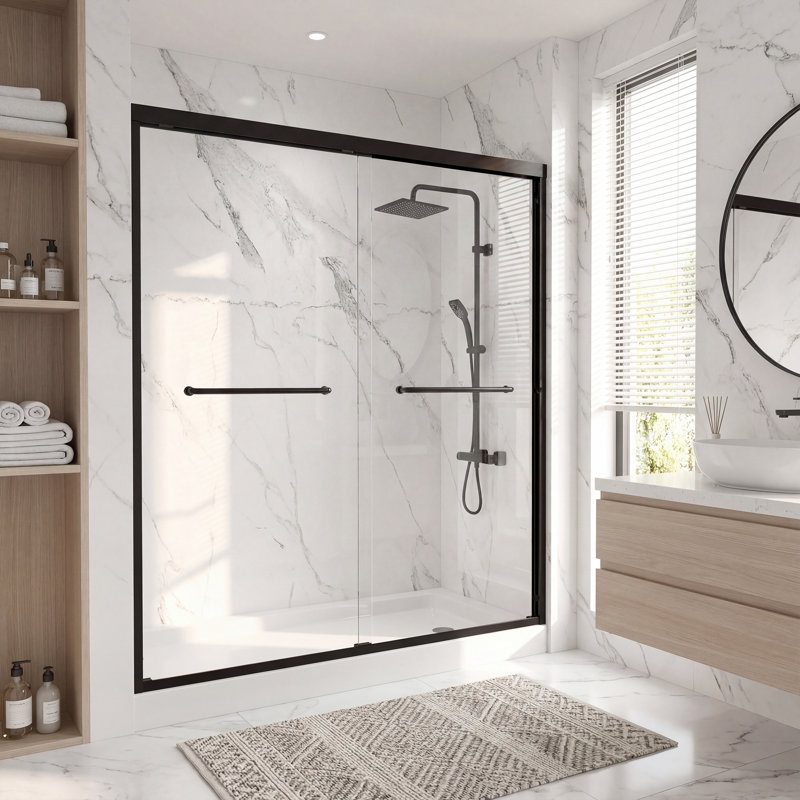 Porte de douche coulissante double à cadre 56 x 60 po x H 72 po avec verre trempé 1/4 po (6 mm) et roulettes silencieuses