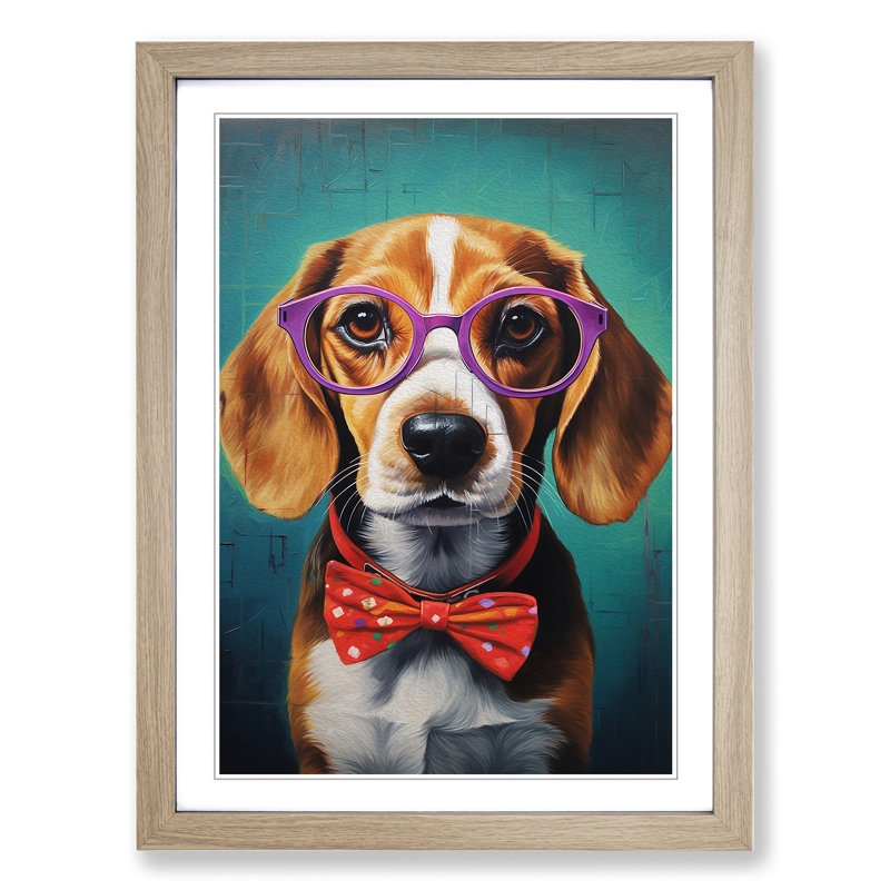 Beagle with Glasses Painting - Framed Print, Oak Framed, 34cm H x 25cm W x 2cm D