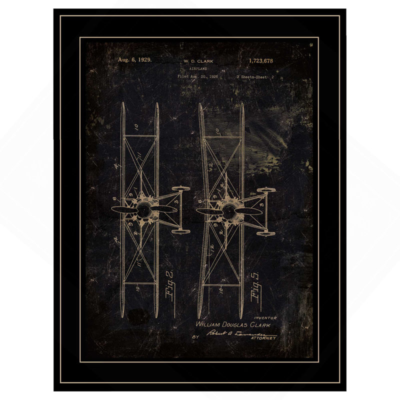 "Avion breveté I" par Cloverfield & Co, prêt à accrocher, reproduction encadrée, Black