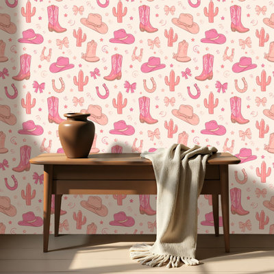 Peel and Stick Wallpaper Contact Paper Pink Western Cowboy Hats Boots Cacti Shells Self Adhesive and Removable 17.7in x 118in(45x300cm)