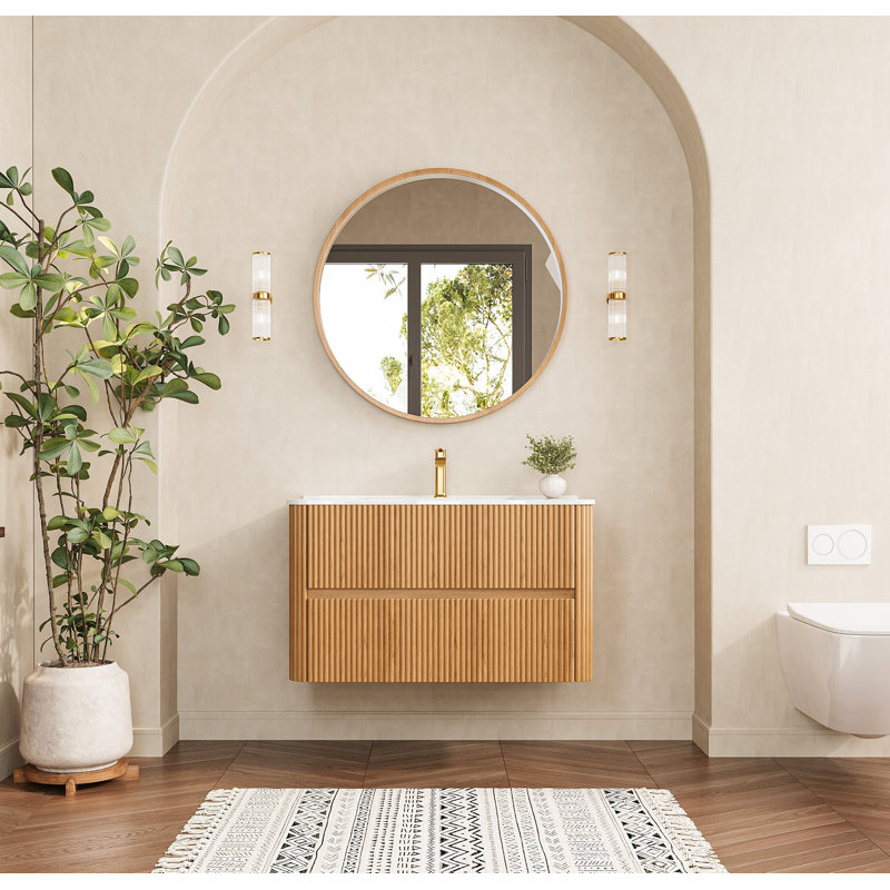 Meuble-lavabo flottant mural avec plateau entièrement assemblé, L 36 po x H 20,4 po x P 18 po, Chêne clair