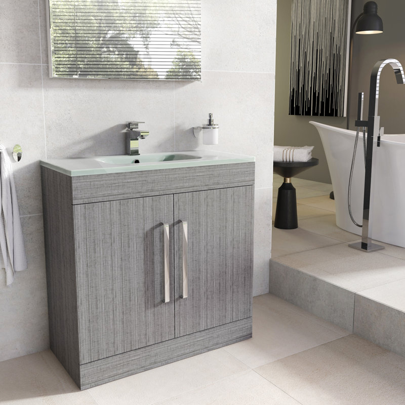 Whitfield 800mm Single Bathroom Vanity with Integrated Glass Basin, Light Grey Wood