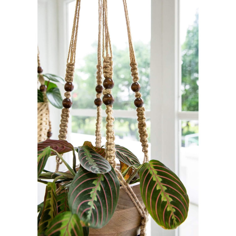 Panier à fleurs suspendu en macramé pour plante d'intérieur avec perles en bois, Brun