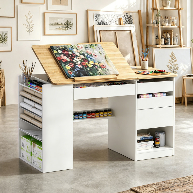 Table à dessin réglable avec rangement et tablettes amovibles, table de travail multifonctionnelle avec planche à dessin inclinable de 0 ° à 80 ° et station de charge pour dessiner, fabriquer, lire et travailler