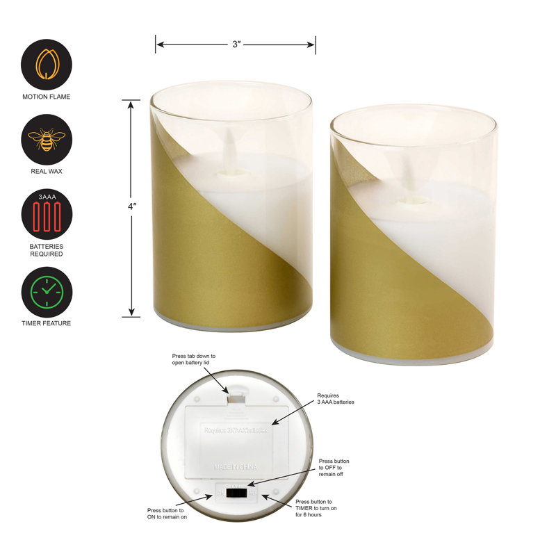 Bougies en verre DEL à piles avec flamme vacillante - 2 pièces, Doré