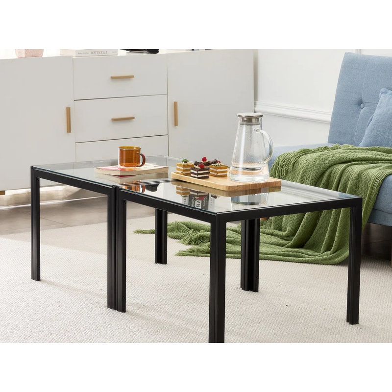 Ensemble de 2 tables basses carrées et moderne avec finition en verre trempé pour le salon