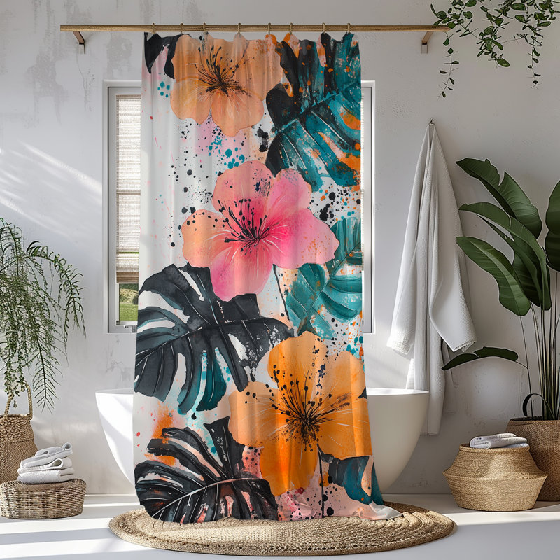 Rideau de douche Sunspired Island Bloom, Blanc / orange / vert / rose / bleu floral, H 83 po x l 71 po