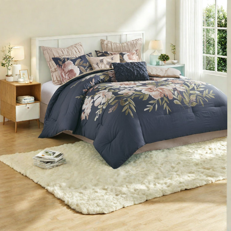 Premium Navy Cotton Bedding Sets, Hypoallergenic Comforter, Shabby Chic Style For Home