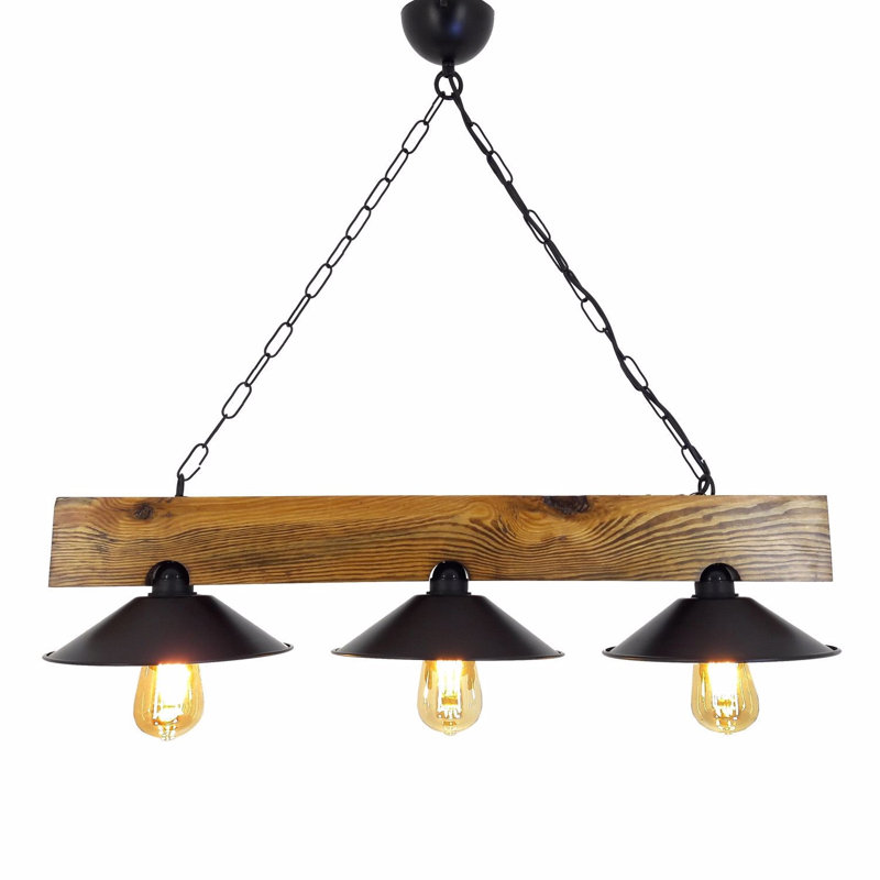 Lustre rustique industriel fait à la main de 31,5 po x 8,7 po x 25,6 po | 100% pin massif, finition noyer et noir | 3 x douilles E27 de 40 W maximum, indice de protection IP20 | Parfait pour la salle à manger, le salon et le vestibule