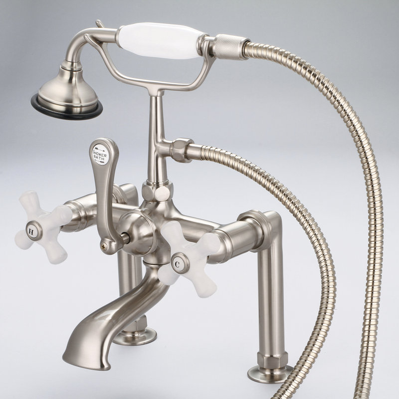 Stonington Deck Tub Spout, Porcelain Cross Handles, Brushed Nickel