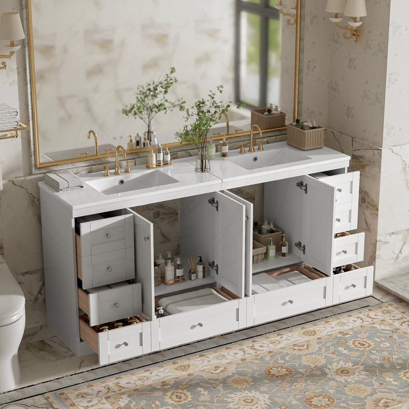 Meuble-lavabo autoportant 72 po avec lavabo en céramique et tiroirs à fermeture en douceur 72 po
