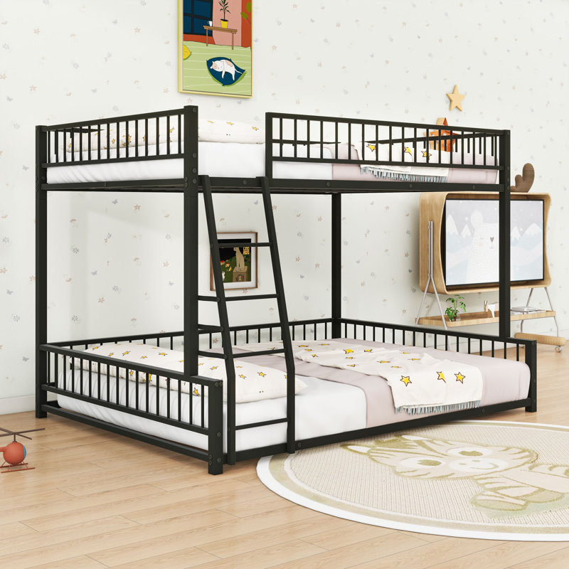 Metal Bunk Bed With Ladder And Slats, Black, Full XL Over Queen