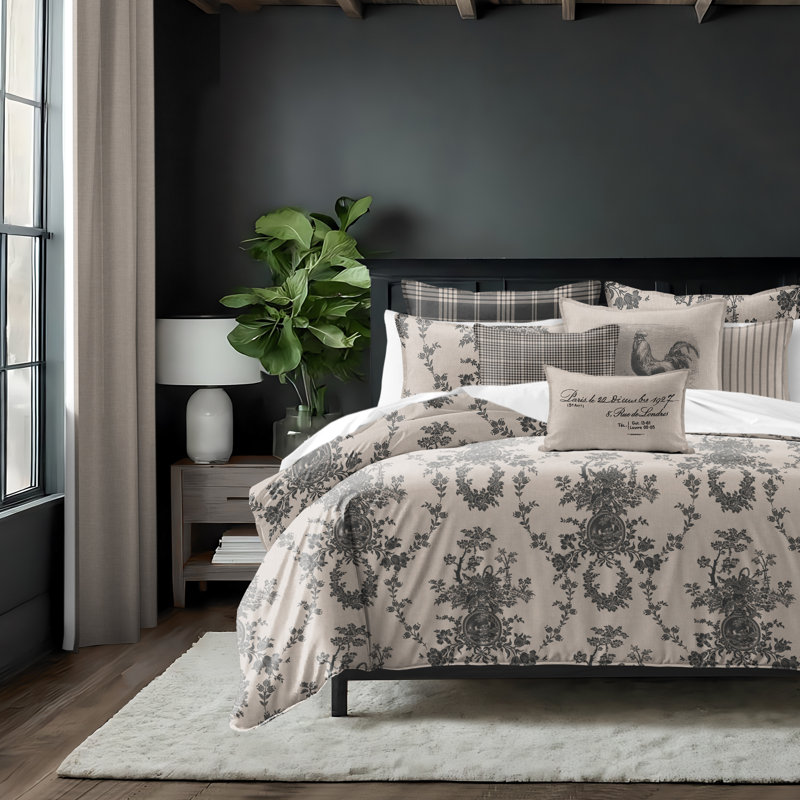 Country Lane Toile Ebony Cotton Duvet Cover Set  8 Piece, Super Queen Duvet Cover + 7 Additional Pieces