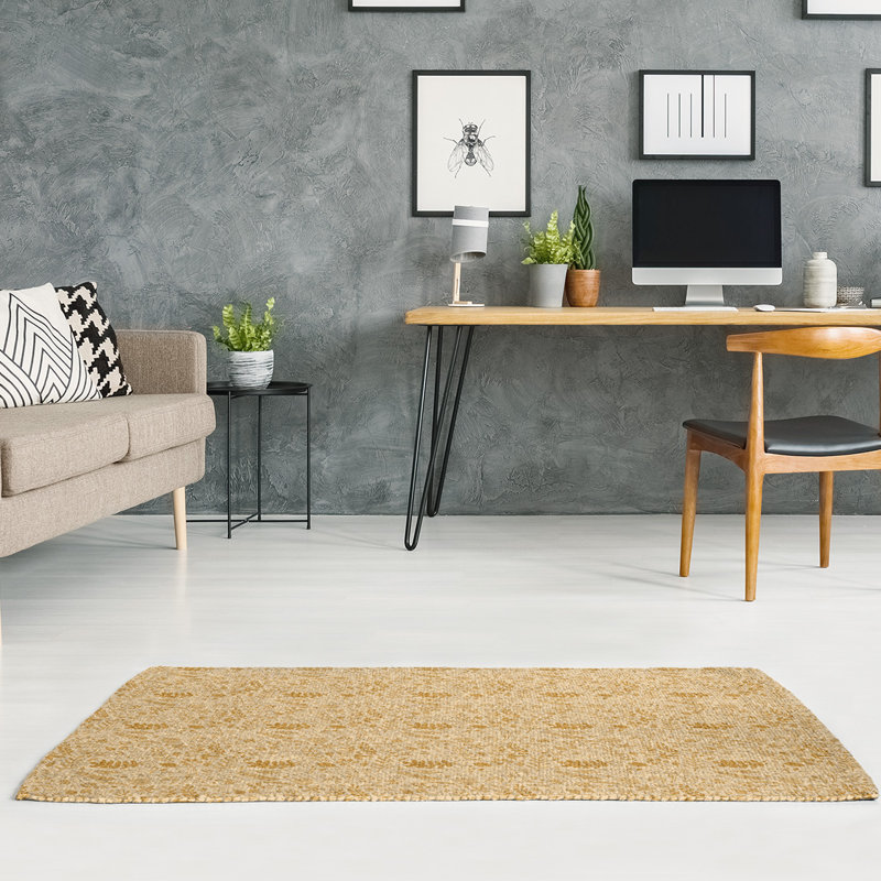 Tapis jaune fait main moutarde, Rectangle 5 pi x 7 pi