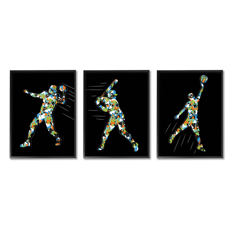 Ensemble de 3 estampes géométriques à motif sportif par Arrolynn Weiderhold, H 20 po x l 48 po x P 1,5 po