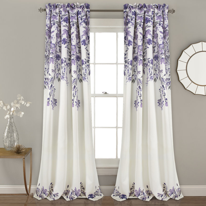 Tanisha Purple and Gray Floral Polyester Blackout Curtain Panels