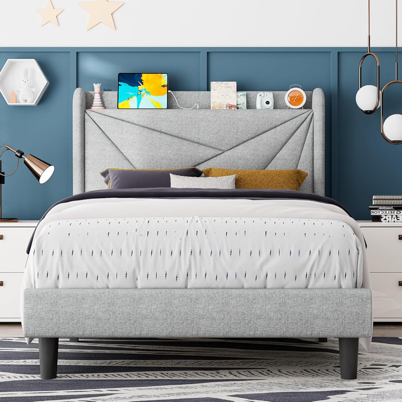 Twin Bed Frame, Upholstered Bed Frame with Charging Station
