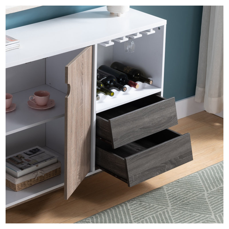 Armoire à vin en bois avec support en verre et tiroirs, finition blanche et gris vieilli, fabrication en panneau de particules