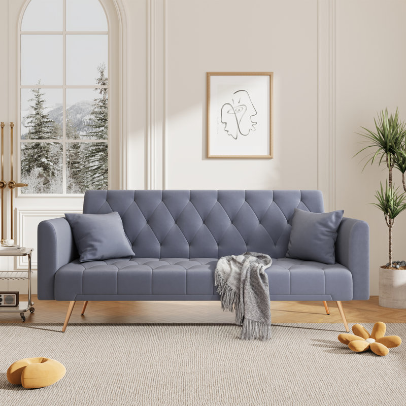 Convertible Futon Sofa Bed Sleeper Couch Velvet Upholstered Folding Loveseat With 2 Pillows For Living Room Apartments