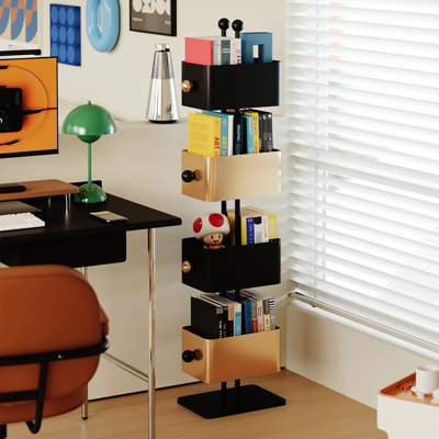 Bibliothèque décontractée de style boîte en métal colorée avec 4 tablettes verticales cubiques, dossier fermé, angle de 90 pour le coin, occupant un espace minimal, espace de vie principal idéal