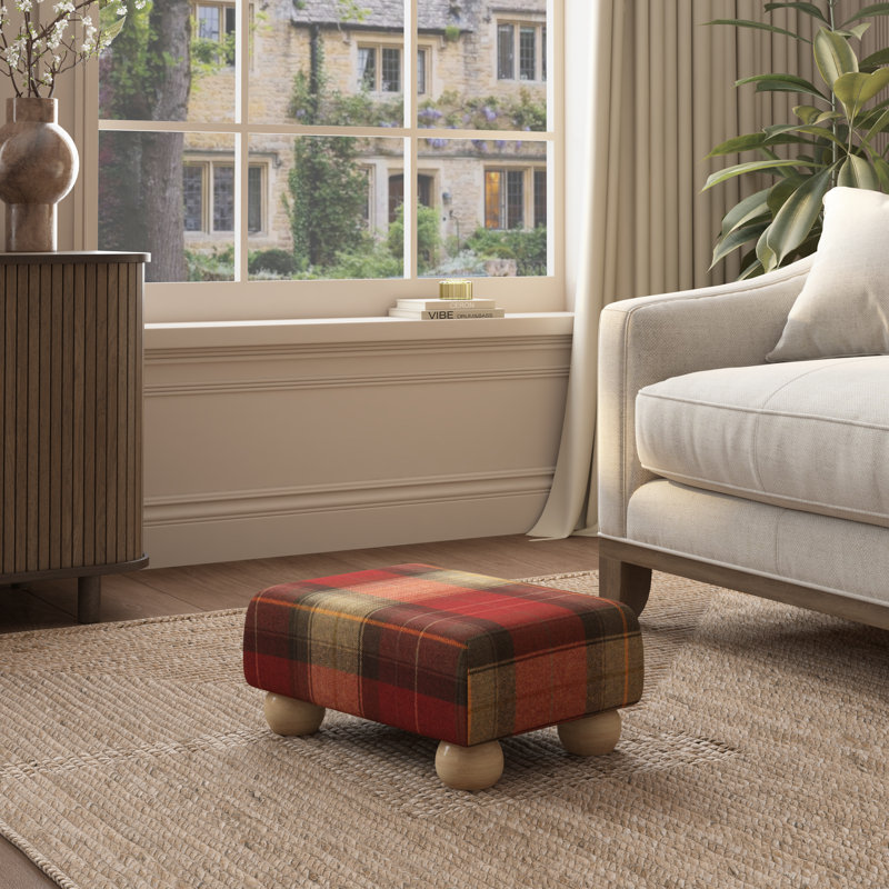 Tartan Material Large Footstools Tartan - Claret Red - Wood Bun Feet, Natural