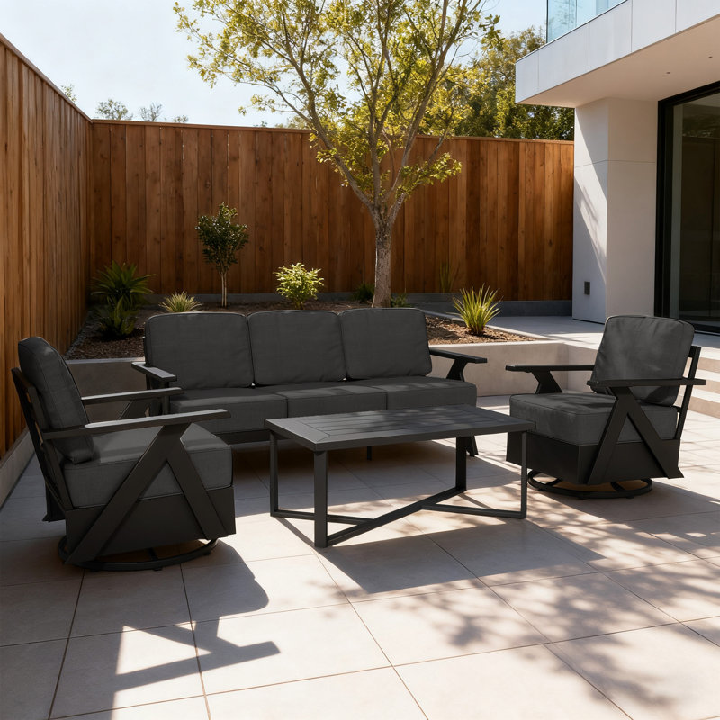 Ensemble de conversation d'extérieur en aluminium 4 pièces avec coussins, canapé pivotant pour patio, cour arrière, gris bord de piscine