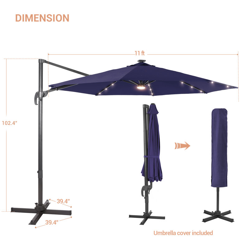 Parasol lumineux en porte-à-faux 11 pi Luna, Bleu marine