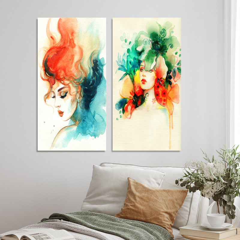 Fashion Model with Vivid Make up V - Ensemble de 2 peintures sur toiles, Toile tendue, H 20 po x l 24 po x P 1 po