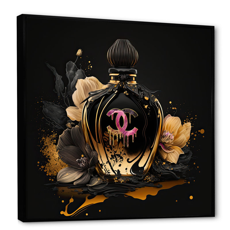 «Chic Black and Gold Perfume Bottle II», impression sur toile, H 36 po x l 36 po x P 1,5 po, Cadre flottant noir