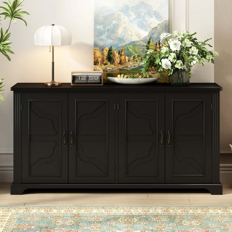American Country Style Wooden Sideboard With Metal Handles And Wood Legs, Black