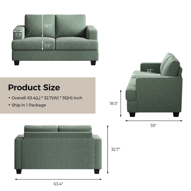 63" 2-Seater Upholstered Square Arm Sofa, Light Green Linen